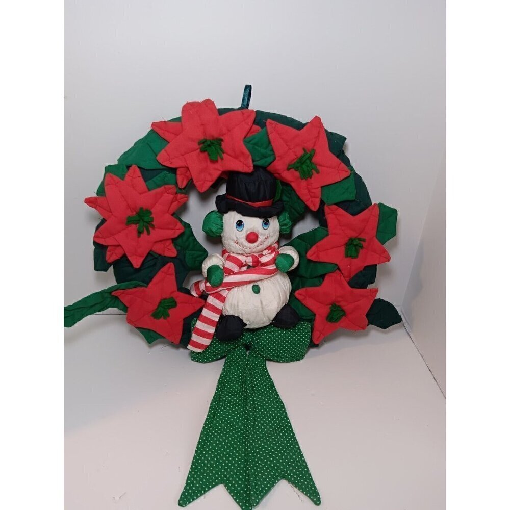 Handmade Vintage 90s Stuffed Fabric  Wreath Poinsetta Snowman Christmas  Decor